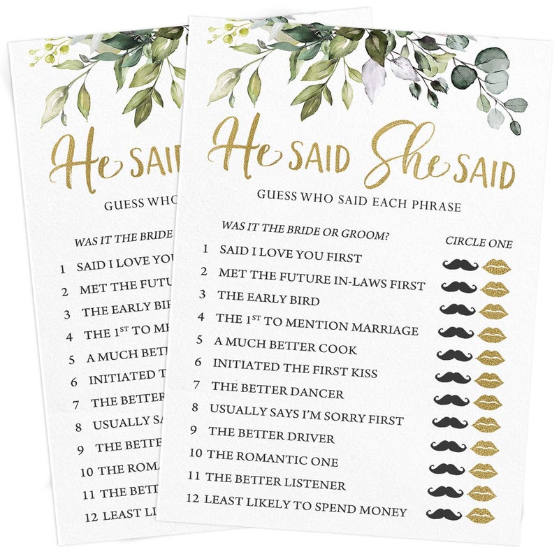 Printed Party Bridal Shower Games â€“ He Said She Said Game with Fun Bride and Groom Trivia, Wedding Shower Activity, Botanical Eucalyptus Theme, 50 Guests - Image 4